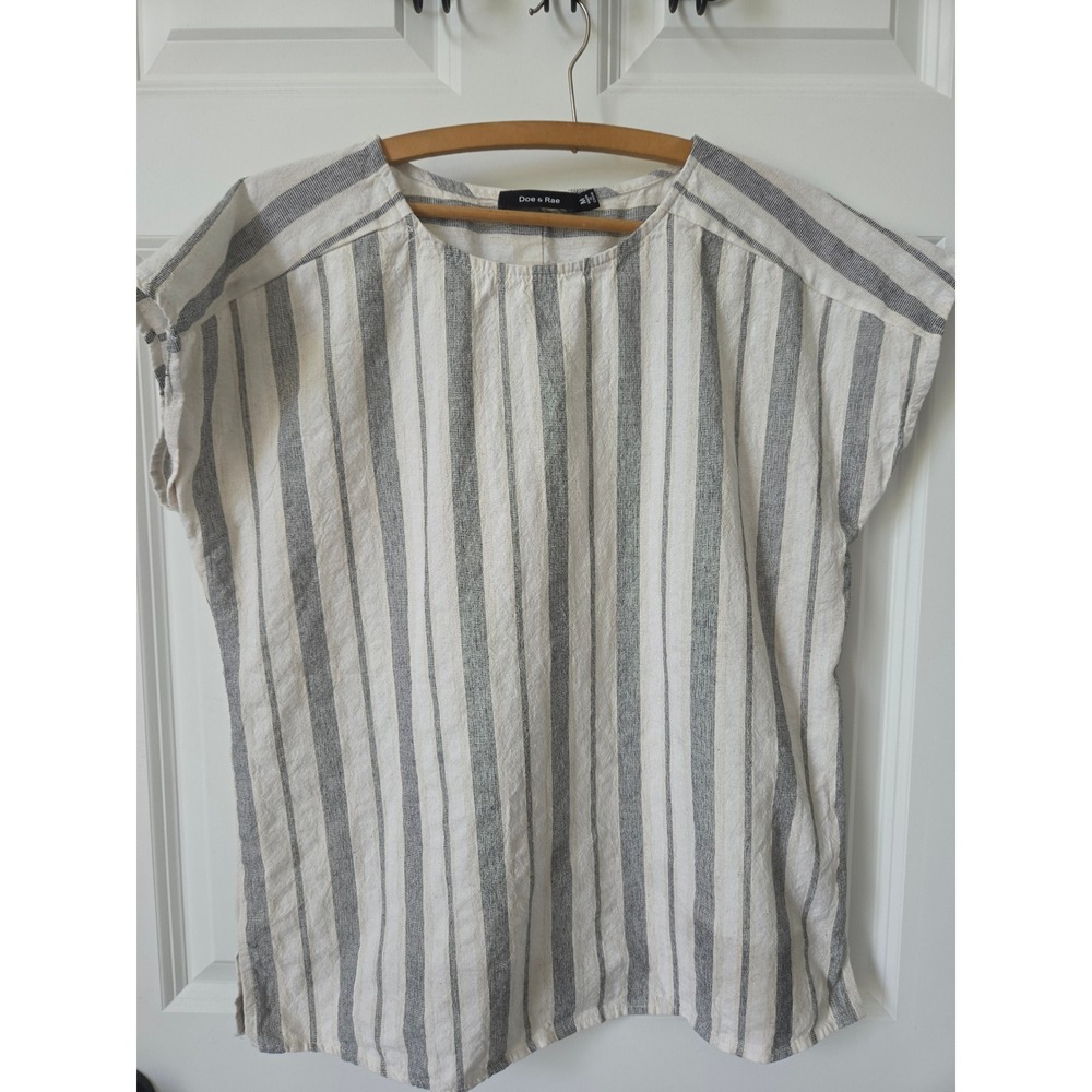 Doe & Rae Linen Cotton Striped Blouse Grey Cream Short Sleeve Boxy Top Small